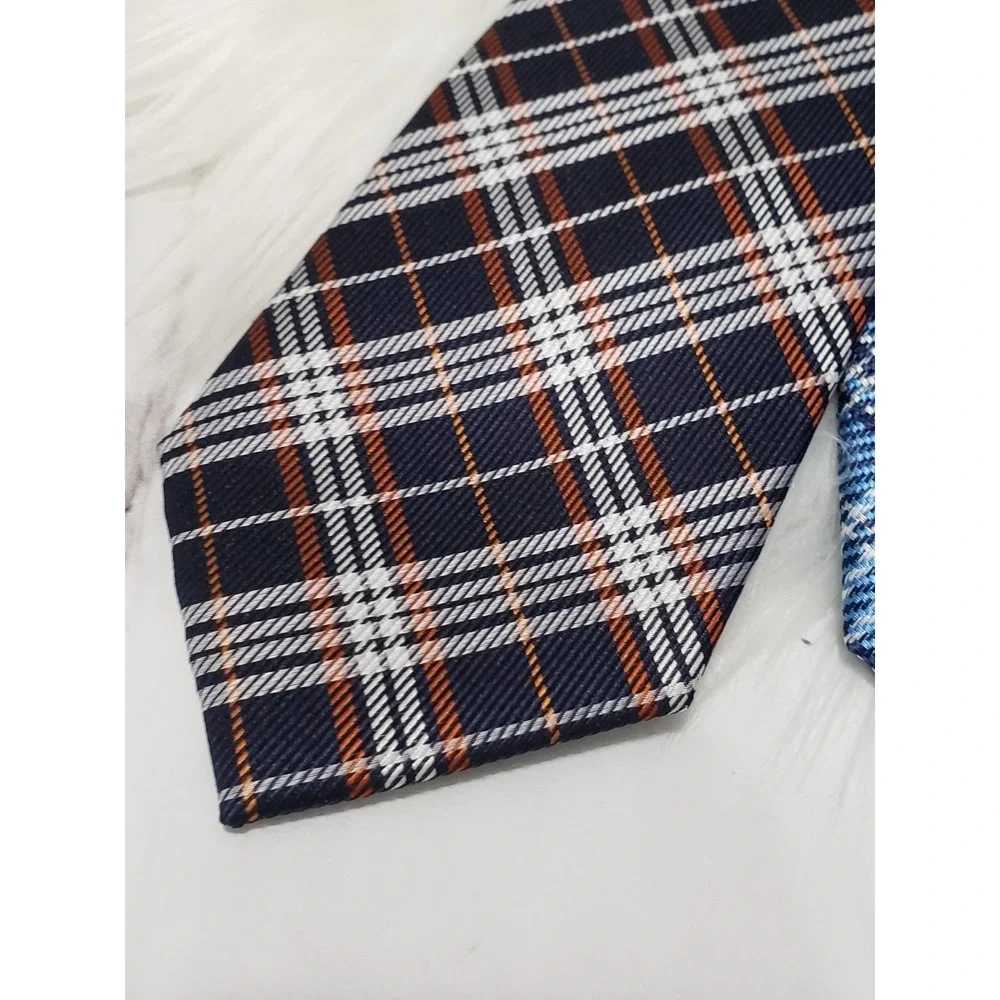 NWT 2 Jos A Bank Traveler 100% Silk Tie Brown Navy Blue Plaid Check Necktie Blue